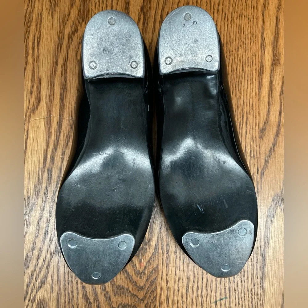 Black Faux Patent Leather Mary Jane Tap Shoes with Silver Bows